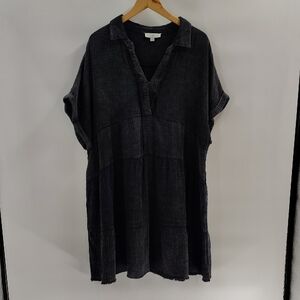 Umgee Dress Size 1X Cotton Gauze Mineral Wash Black Short Sleeve Tiered